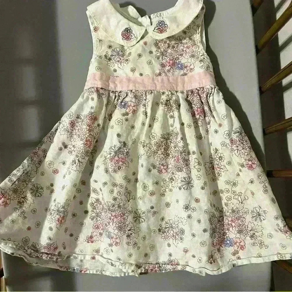 Vintage 12 month baby girl embroidered flower dress with pink bow tie